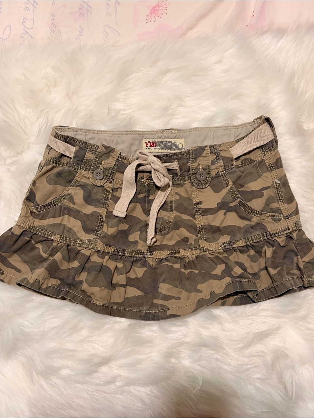 Vintage 2000s YMI Camo Tie Waist Ruffle Micro Skirt
